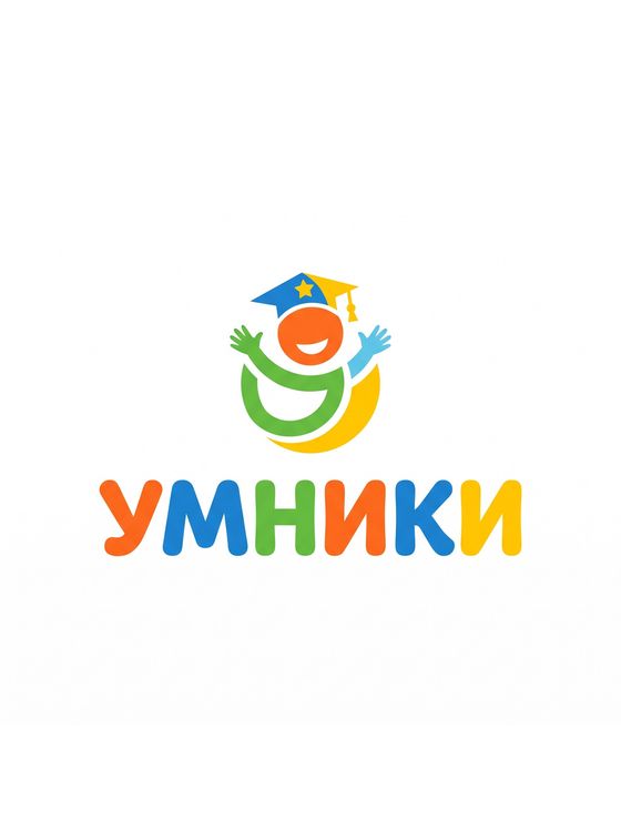 Логотип детского центра «Умники»: весёлый человечек в шапочке выпускника, разноцветные буквы