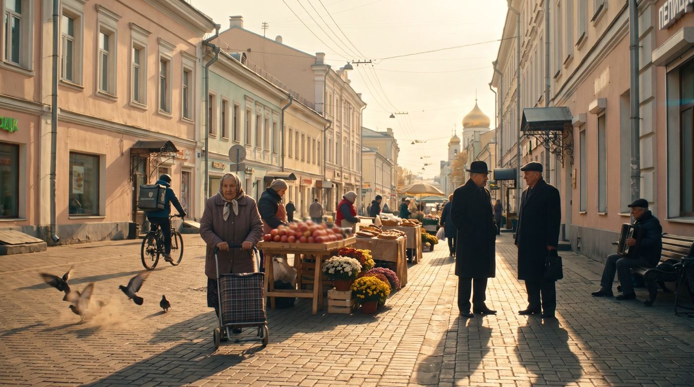 Многолюдная московская улица, кинокадр, сгенерированный по тексту