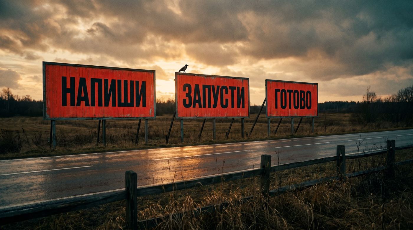 Три красных билборда с надписями НАПИШИ, ЗАПУСТИ, ГОТОВО