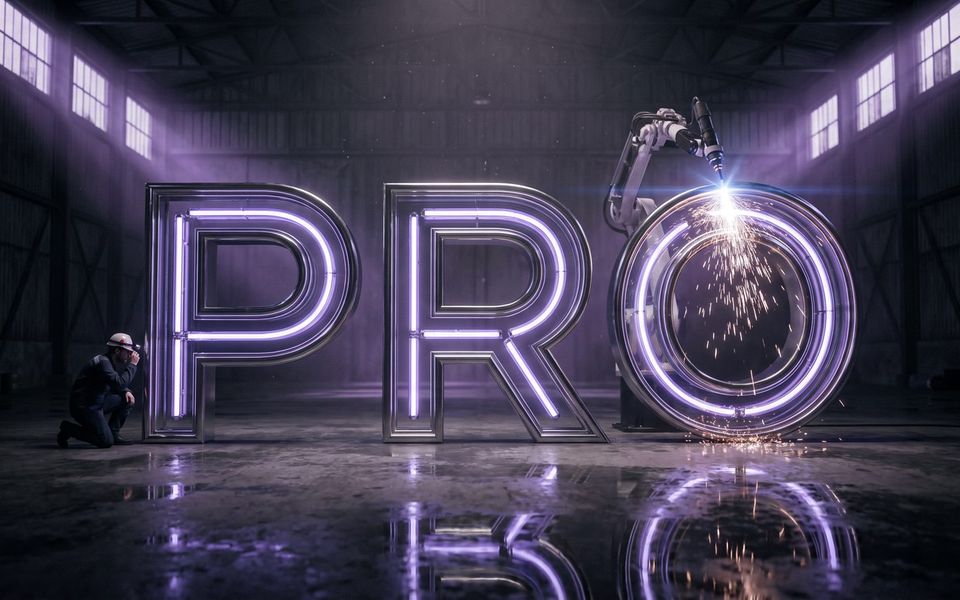 Nano Banana Pro: хромированные буквы PRO в ангаре