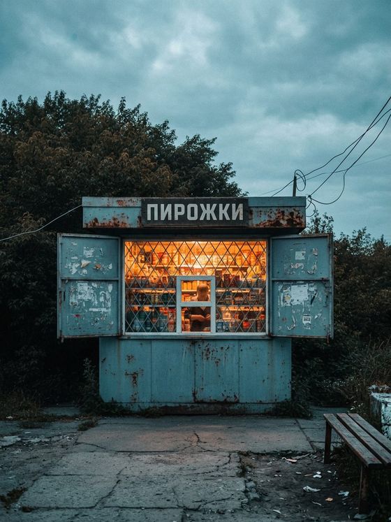 Киоск с вывеской на русском