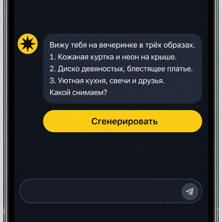 Чат: ассистент предлагает три образа для вечеринки и кнопку «Сгенерировать»