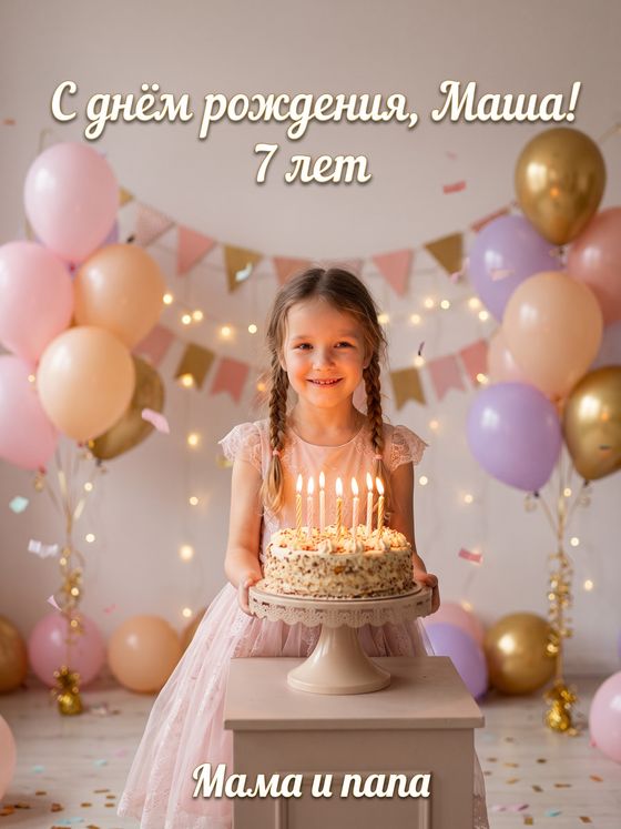 Открытка «С днём рождения, Маша! 7 лет»: девочка с тортом среди воздушных шаров