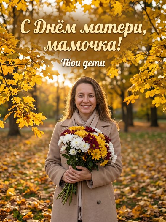 Открытка «С Днём матери, мамочка!»: женщина с букетом хризантем в осеннем парке