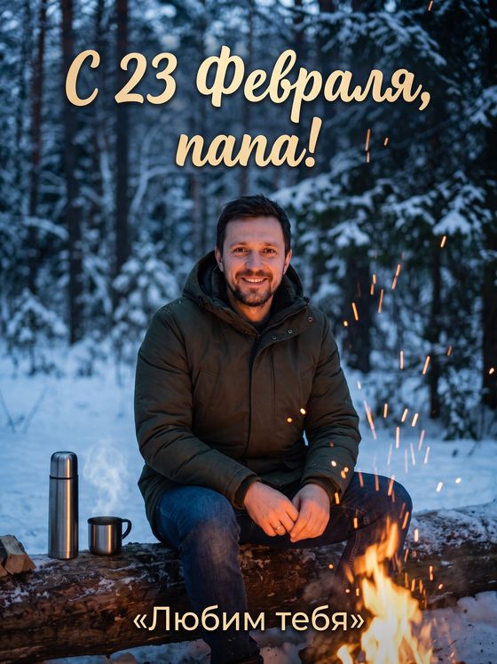 Открытка «С 23 Февраля, папа!»: мужчина у костра в зимнем лесу
