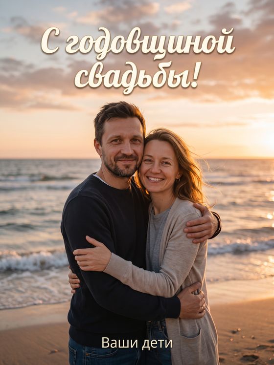 Открытка «С годовщиной свадьбы!»: пара обнимается на берегу моря на закате