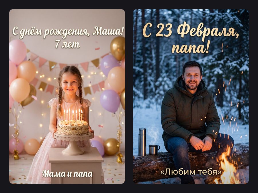 Открытка девочке на день рождения с тортом и открытка папе к 23 Февраля у зимнего костра