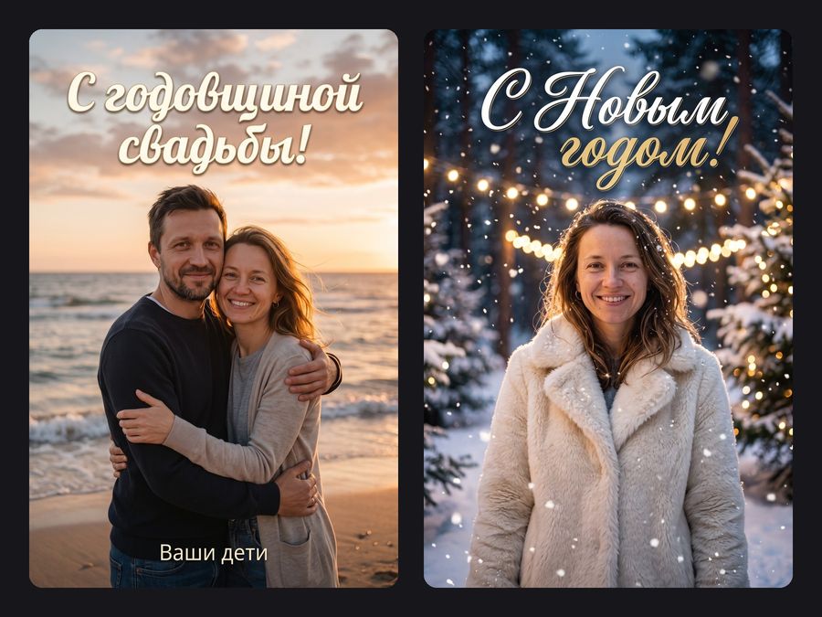 Открытка паре к годовщине на закате у моря и новогодняя открытка в зимнем лесу