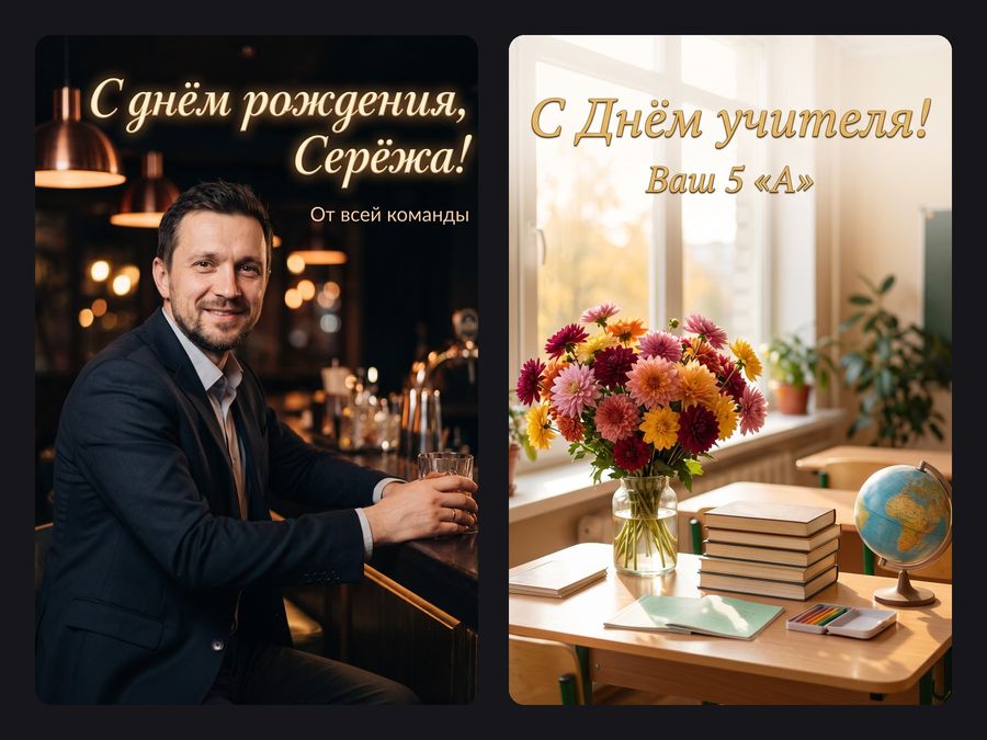Открытка коллеге на день рождения в баре и открытка к Дню учителя с букетом астр