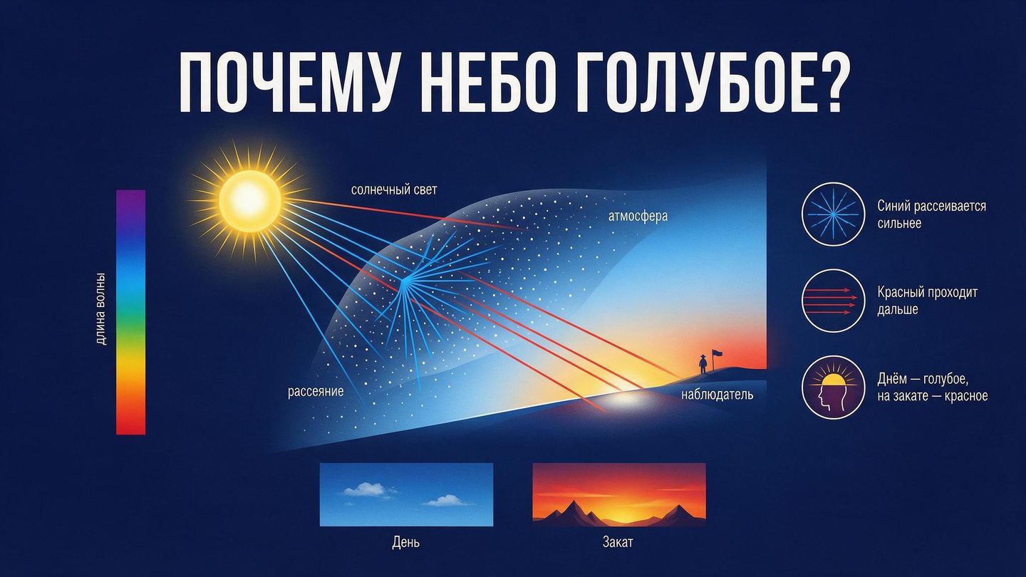 Инфографика «Почему небо голубое?»: схема рассеяния света, спектр, три объяснения, день и закат