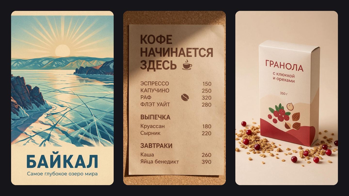 Постер «Байкал», меню кофейни «Кофе начинается здесь» и упаковка гранолы — текст встроен в дизайн