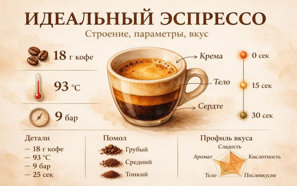 Инфографика «Идеальный эспрессо»: заголовок сверху, чашка в центре, параметры слева, таймлайн справа, схема помола внизу