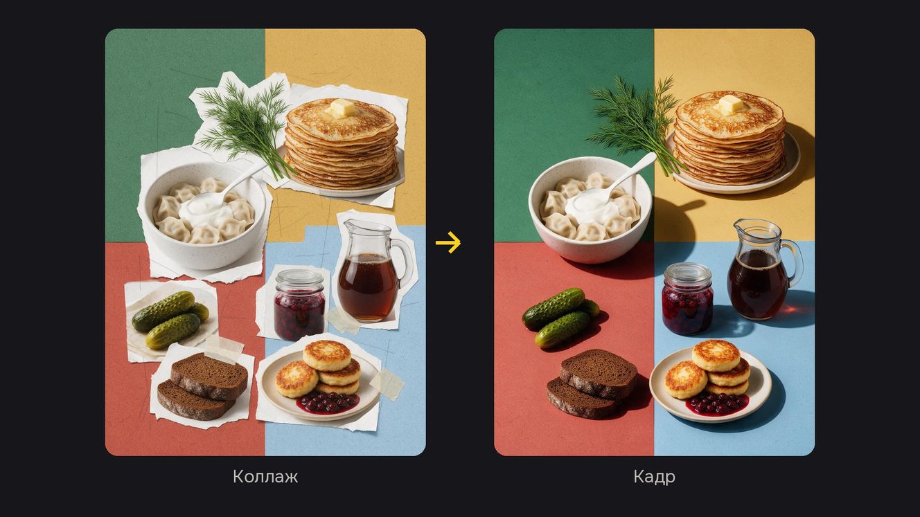 Грубый коллаж из вырезок еды и собранный из него кадр