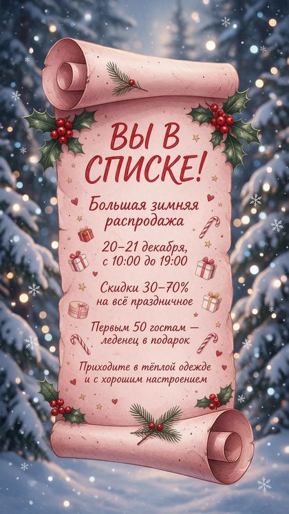Новогоднее приглашение на свитке «Вы в списке!» в заснеженном лесу
