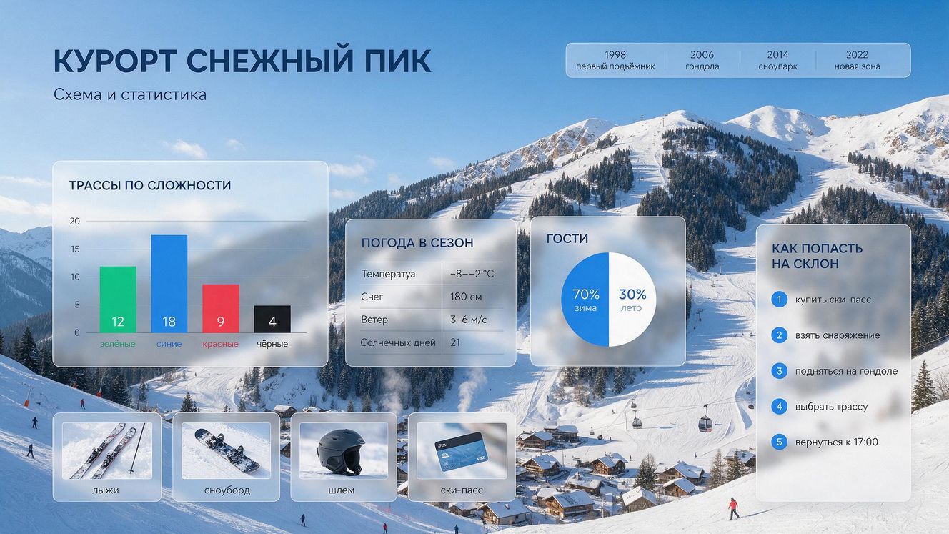 Инфографика горнолыжного курорта «Снежный пик»: панорама, трассы по сложности, погода, гости, как попасть на склон