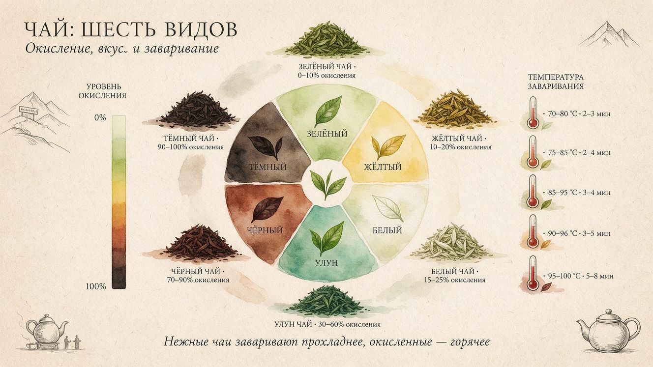 Инфографика «Чай: шесть видов»: колесо вкусов, уровень окисления, температура заваривания