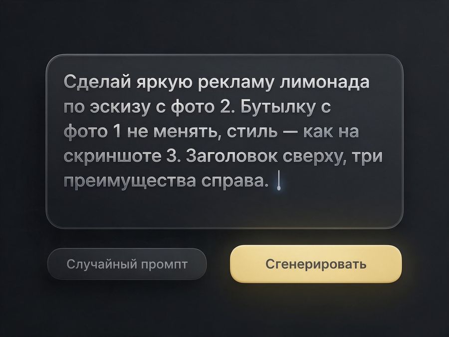Шаг 2: поле промпта «Сделай яркую рекламу лимонада по эскизу с фото 2…»